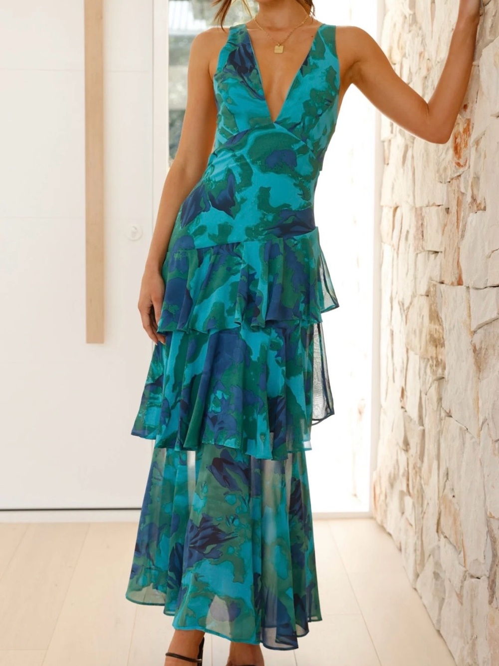 Blue-Green V-Neck Tiered Maxi Dress